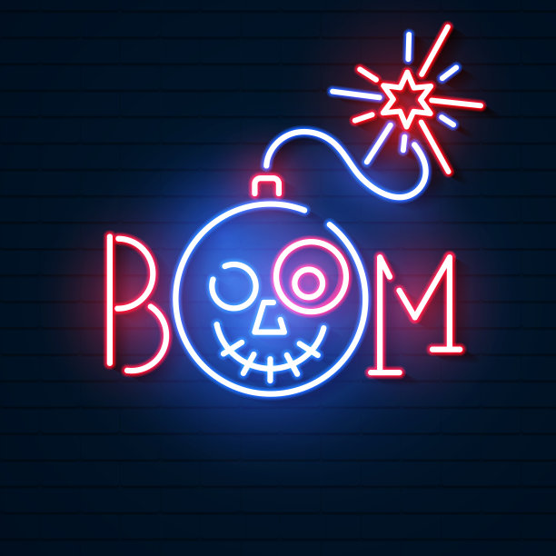 炸弹蓝色发光的霓虹灯图标。发光的标志标识图片下载