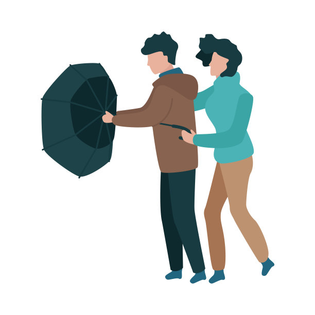 一对夫妇在伞下行走的矢量插图在平坦的风格孤立在白色背景上。图片下载