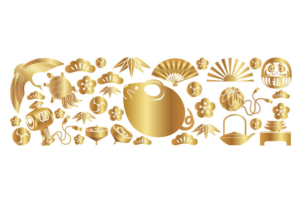 New year’s greeting card template with the Year of the Rat icon and a variety of Japanese lucky charms.图片下载