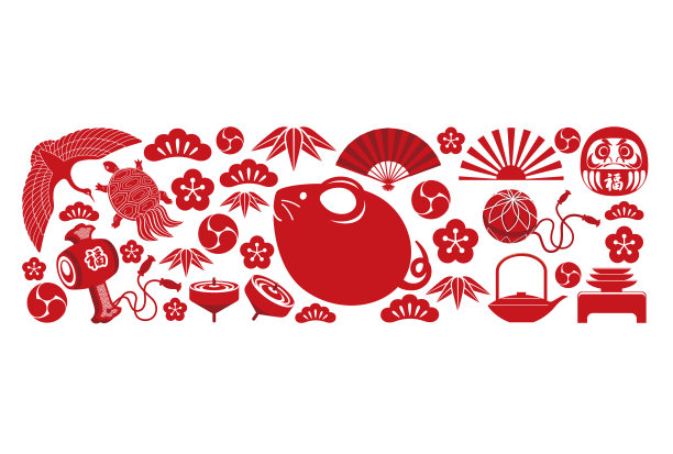 New year’s greeting card template with the Year of the Rat icon and a variety of Japanese lucky charms.图片下载