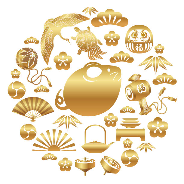 鼠年的象征与日本的各种幸运符。图片下载