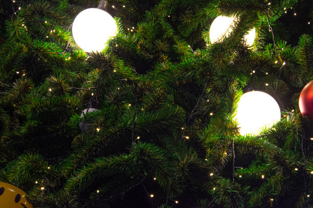 彩灯装饰的圣诞树上挂着黄色和红色的球。图片下载