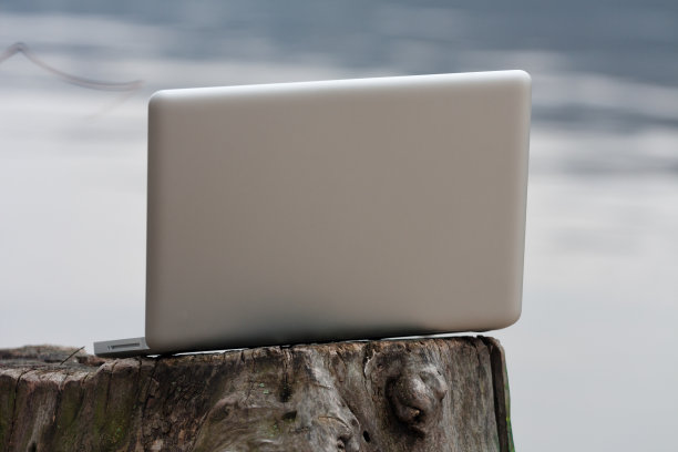 笔记本电脑放在树桩上。经营理念图片下载