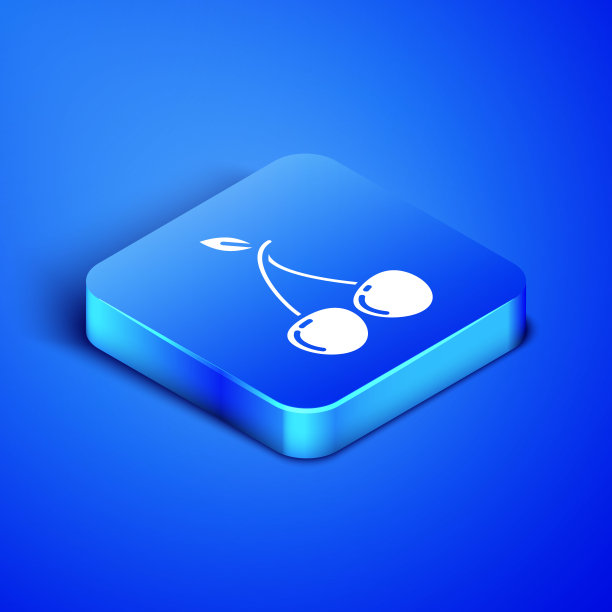 等距樱桃图标孤立在蓝色背景。水果与叶子的象征。蓝色方块按钮。矢量图图片下载