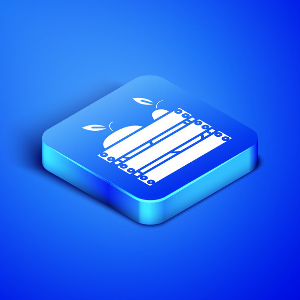 木盒子水果和蔬菜图标孤立在蓝色背景。蓝色方块按钮。矢量图图片下载