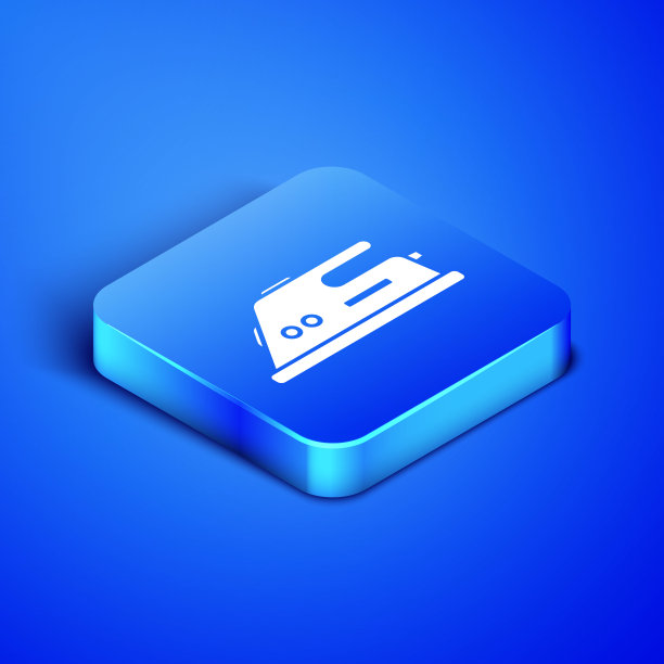 等距电熨斗图标孤立在蓝色背景上。蒸汽熨斗。蓝色方块按钮。矢量图图片下载