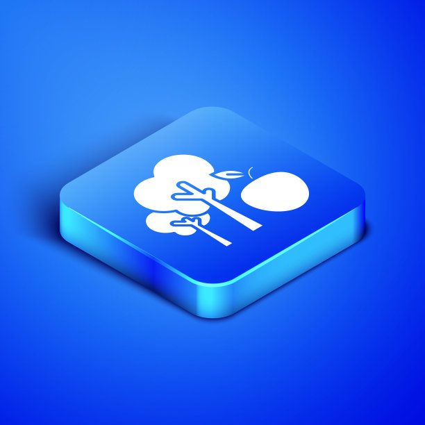 等距树与苹果图标隔离在蓝色背景。农业植物。有机农场的产品。园艺的主题。蓝色方块按钮。矢量图图片下载