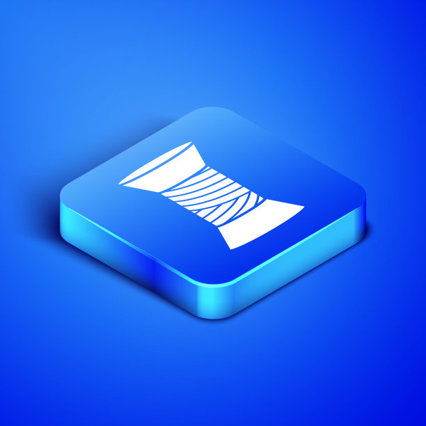 线轴图标上的等距缝纫线隔离在蓝色背景上。纱线轴。线程筒子。蓝色方块按钮。矢量图图片下载