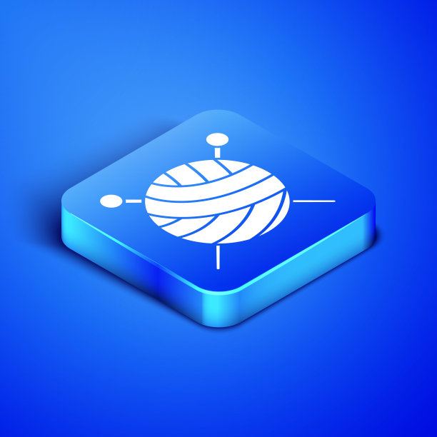 蓝色背景上孤立的针织针的等距纱线球。标签适用于手工、针织或裁缝店。蓝色方块按钮。矢量图图片下载