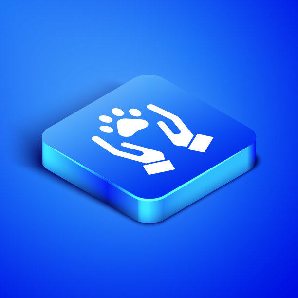 等距手与动物足迹图标隔离在蓝色背景。宠物爪子在心里。爱护动物。蓝色方块按钮。矢量图图片下载