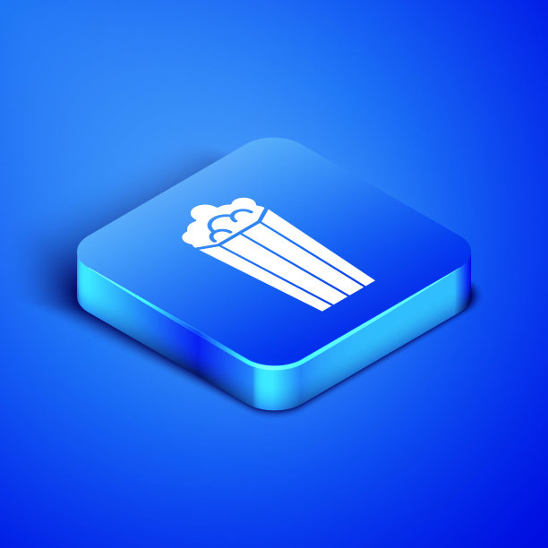 等距爆米花在纸板盒图标孤立在蓝色背景。爆米花桶框。蓝色方块按钮。矢量图图片下载