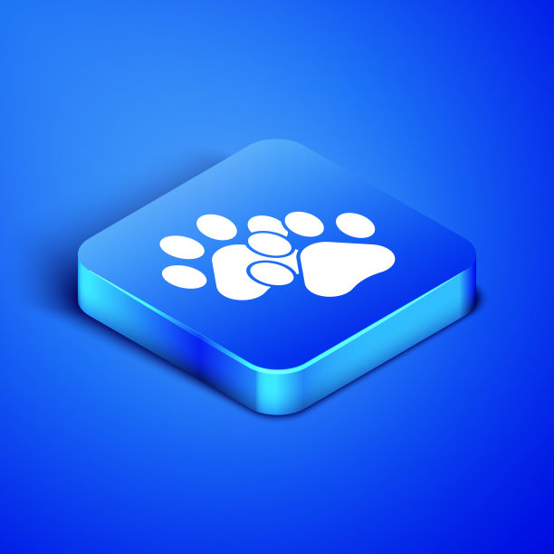 等距爪印图标孤立在蓝色背景。狗或猫的爪印。动物跟踪。蓝色方块按钮。矢量图图片下载