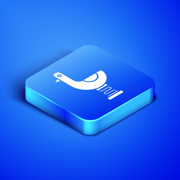 等距骑小孩鸭子图标孤立在蓝色背景。蓝色方块按钮。矢量图图片下载