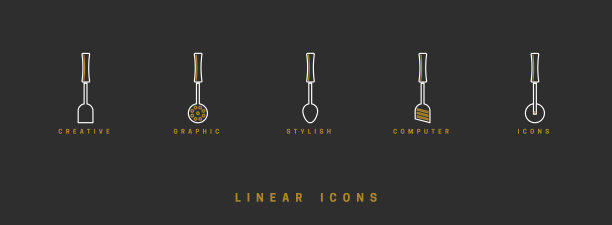 图标厨房工具在线性风格。设置图标餐具矢量图形图片下载