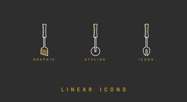 图标厨房工具在线性风格。设置图标餐具矢量图形图片下载