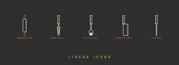 图标厨房工具在线性风格。设置图标餐具矢量图形图片下载