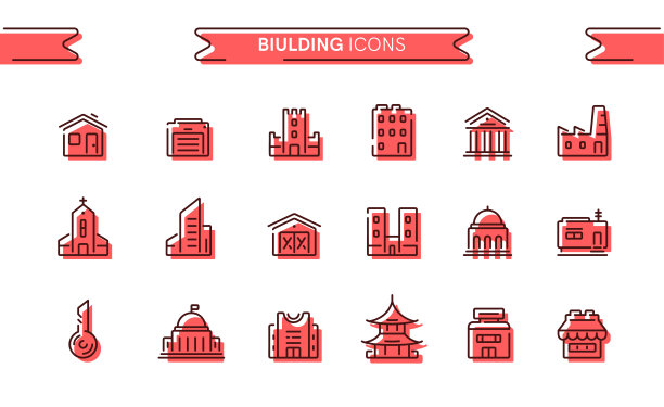 建筑物图标设置隔离。线的艺术。可编辑的。标志和符号。现代简单的风格。商店，工厂，市场，银行，大学，摩天大楼，钥匙，车库，教堂。平面风格矢量插图。图片下载