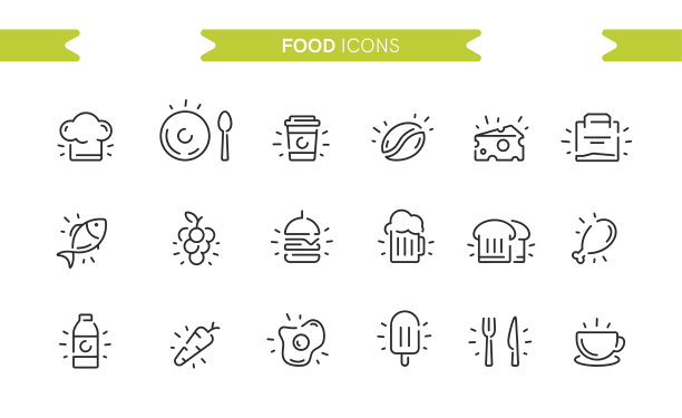 食物图标是孤立的。线的艺术。可编辑的。标志和符号。现代简单的风格。鱼、咖啡、汉堡、啤酒、面包、鸡肉、肉、瓶子、杯子、冰淇淋、餐具。平面风格矢量插图。图片下载