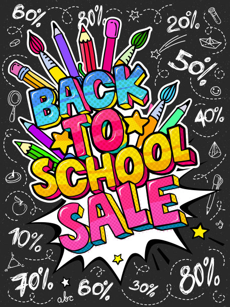 教育的概念。学校背景与手绘学校用品和喜剧演讲泡泡图片下载