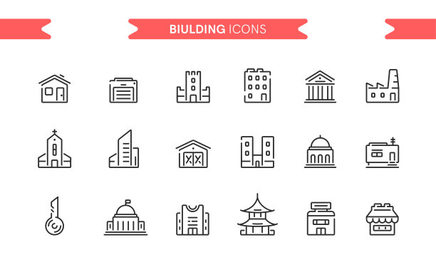 建筑物图标设置隔离。线的艺术。可编辑的。标志和符号。现代简单的风格。商店，工厂，市场，银行，大学，摩天大楼，钥匙，车库，教堂。平面风格矢量插图。图片下载