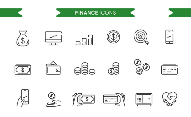 金融、金钱的图标设置孤立。线的艺术。可编辑的。符号和符号。现代简约风格。手机，显示器，目标，硬币，平板电脑，存钱罐，保险箱，钱包。平面风格矢量插图。图片下载
