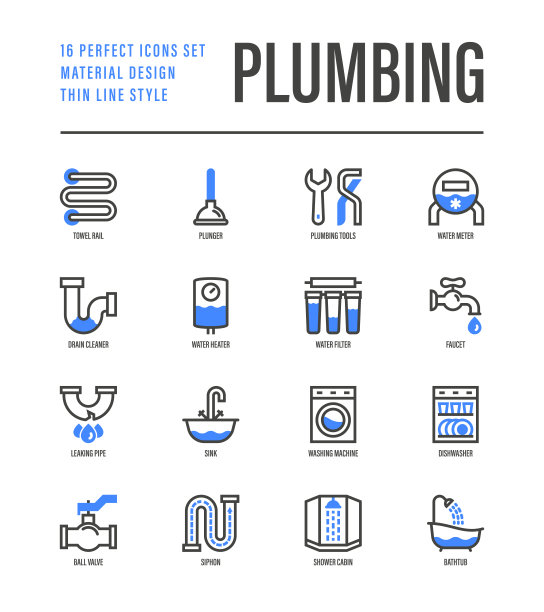 管道细线图标设置。水表、浴缸、水槽、滤水器、水龙头、洗衣机、洗碗机、虹吸管、淋浴房、水管、球阀。矢量插图。图片下载