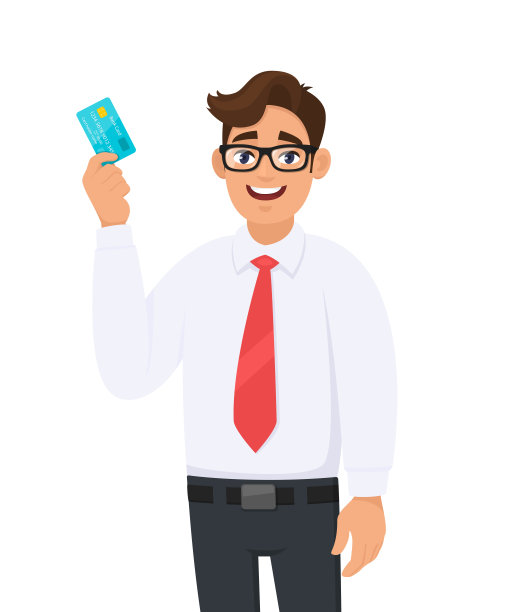 年轻的商人穿着正装，打红色领带，手里拿着信用卡(借记卡、ATM)。男性角色设计插画。现代生活方式概念在矢量卡通风格。图片下载