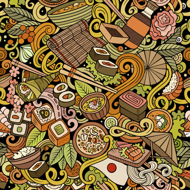 卡通可爱涂鸦手绘日本美食无缝图案图片下载
