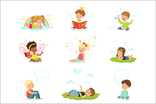 快乐可爱的孩子们在玩耍和做梦。卡通详细彩色插图图片下载