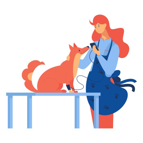 孤立在白色背景平坦场景与狗和兽医在明亮的颜色。现代概念插图适合兽医诊所或兽医。图片下载