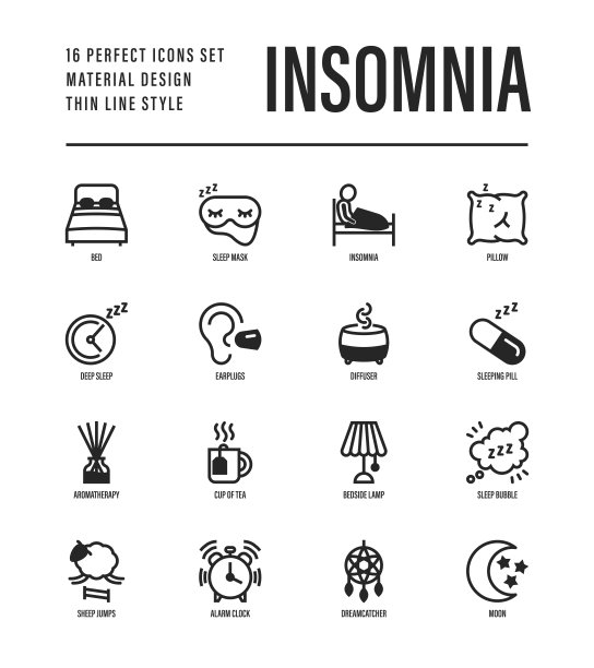 失眠细线图标设置。闹钟，睡眠面膜，舒适的枕头，捕梦网，耳塞，芳香扩散器，药丸，芳香疗法，绵羊跳，累男人在床上。矢量插图。图片下载