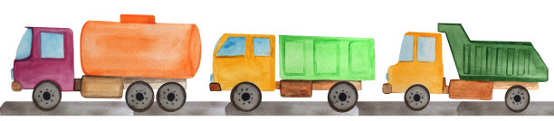 一套施工车辆——卡车、卡车、自卸车在道路上行驶。水彩插图版画，杂志和海报图片下载