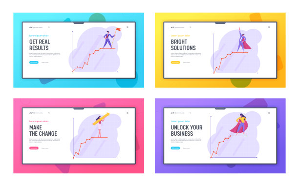 财务利润统计图表网站登陆页面设置，自信的商人在红色超级英雄斗篷站在增长图表顶部。领袖Web页面。卡通平面矢量插图，旗帜图片下载