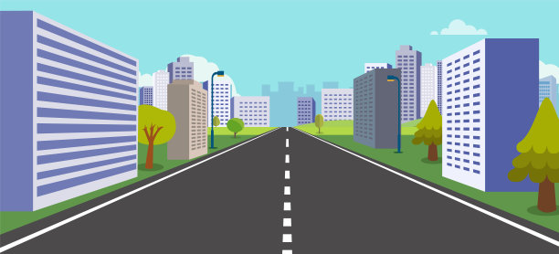 透视城镇与自然背景矢量插图。街道上有建筑物、树木、云彩和天空。美丽的城市场景。图片下载
