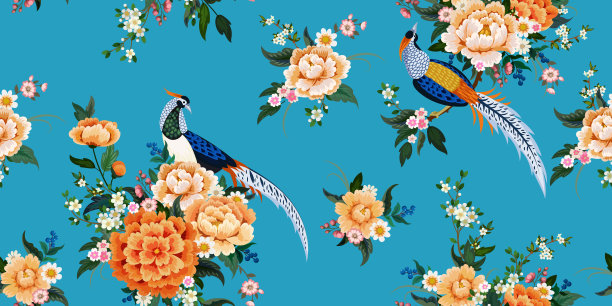 美丽的无缝模式与钻石野鸡坐在牡丹枝盛开的樱花，梅花和雏菊夏季礼服在中国风格图片下载