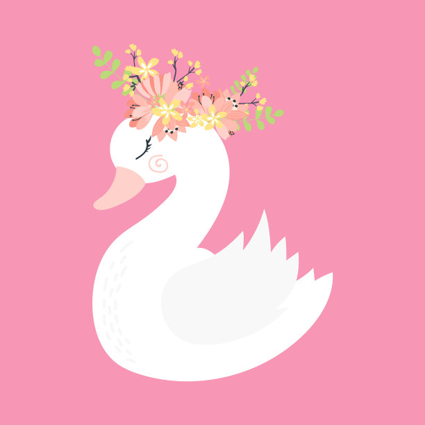 美丽的白色浪漫梦幻天鹅公主带着皇冠和鲜花花束图片下载