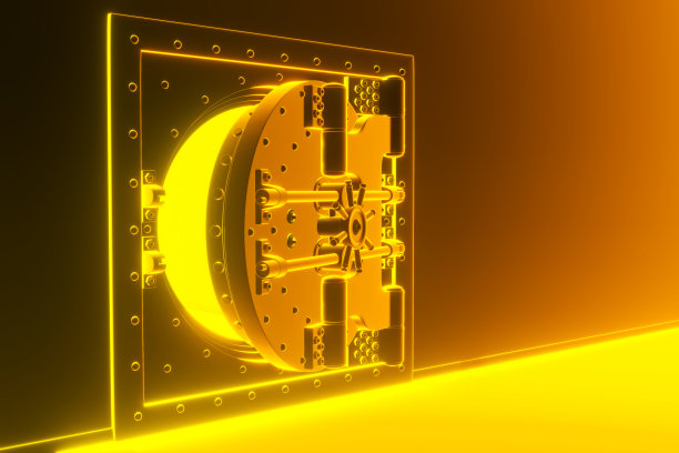 正面视图轻金银行金库门，关闭。三维渲染图片下载