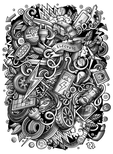 卡通矢量涂鸦电动汽车插图。健美的有趣的图片图片下载