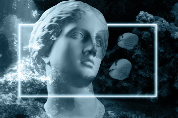 古代雕像的脸在水下的背景与珊瑚和鱼。艺术，探险，水下考古概念。图片下载