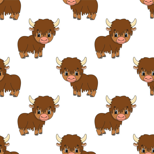 快乐的牦牛。彩色无缝图案与可爱的卡通人物。简单的平面矢量插图孤立在白色背景上。设计壁纸，面料，包装纸，封面，网站。图片下载