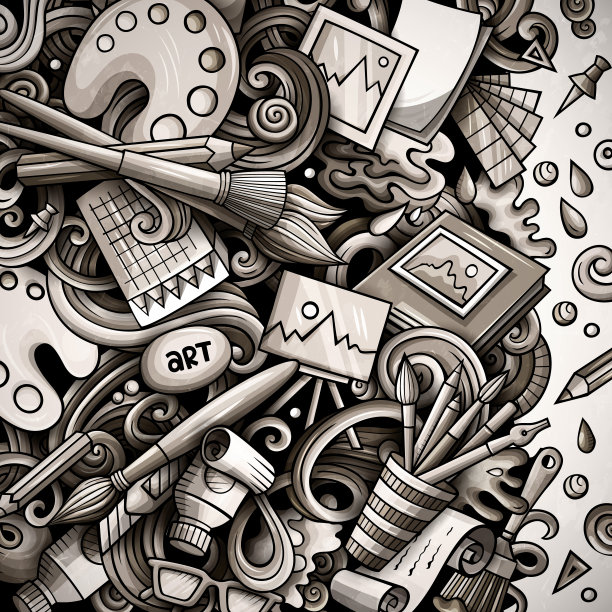 卡通矢量涂鸦艺术卡。单色详细，有很多对象说明。所有项目都是分开的。艺术趣味边框图片下载