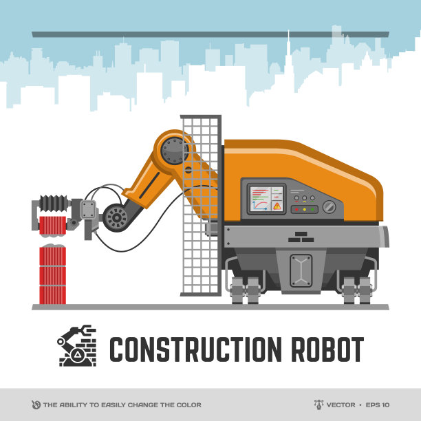 建筑机器人平面插图与自动砌砖自动机器模型(能够轻松改变颜色)和字形图标。图片下载