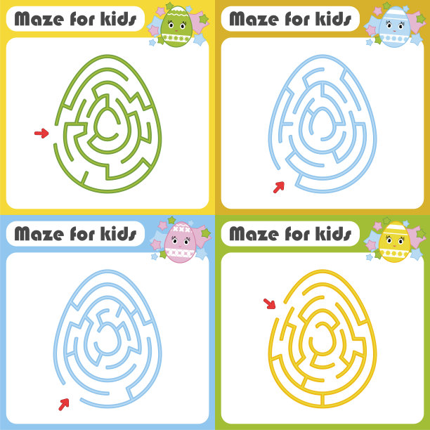 一组迷宫。孩子们的游戏。儿童益智游戏。迷宫难题。卡通风格。视觉工作表。活动页面。彩色矢量插图。图片下载