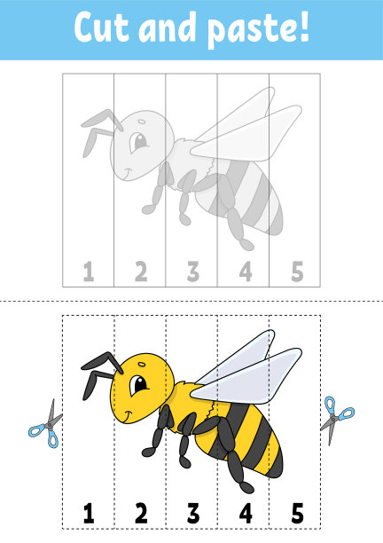 学习数字。剪切和玩。教育发展工作表。游戏对孩子。活动页面。对儿童拼图。幼儿园的谜语。平面孤立矢量插图。可爱的卡通风格。图片下载