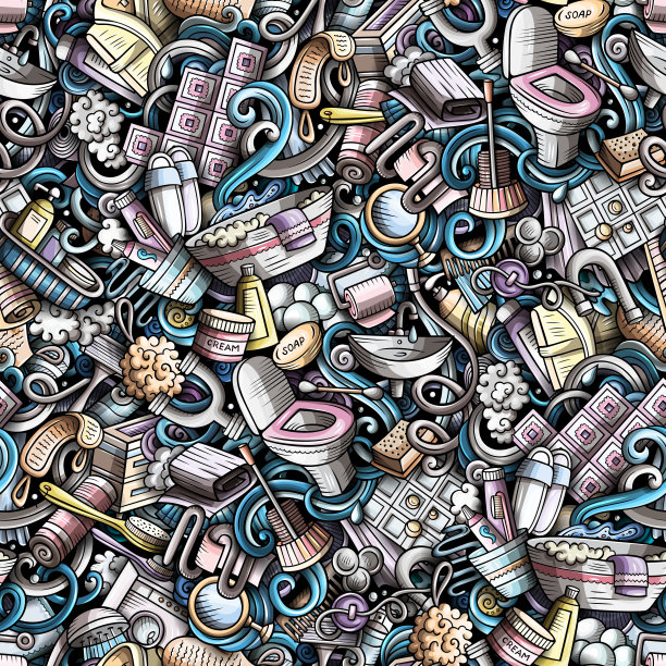 浴室手绘卡通涂鸦无缝图案。图片下载