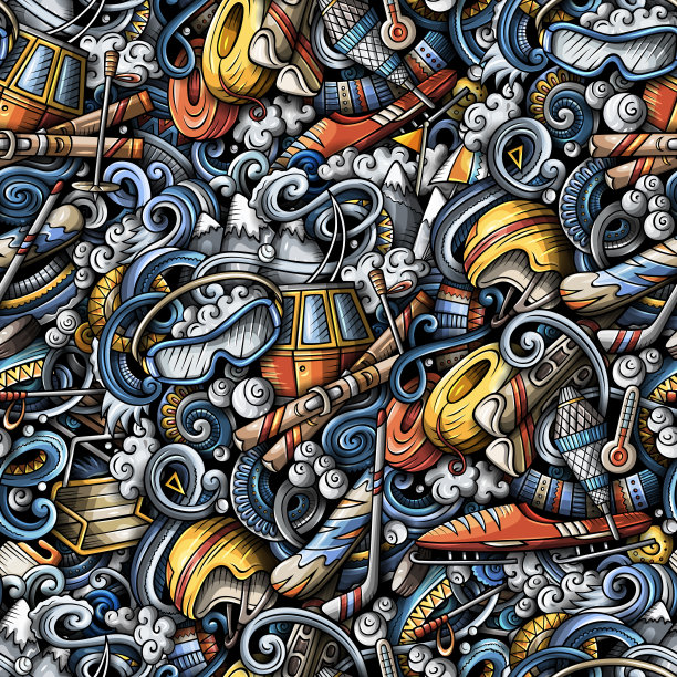 冬季运动手绘涂鸦无缝图案。滑雪胜地的背景。卡通冷季户外活动印花设计。色彩斑斓的矢量插图图片下载