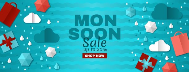 多雨的提供。创意季风促销横幅，彩云，雨伞，礼盒和包装。白色框架与3d剪纸图标装饰。特别季风季节销售的网页横幅图片下载