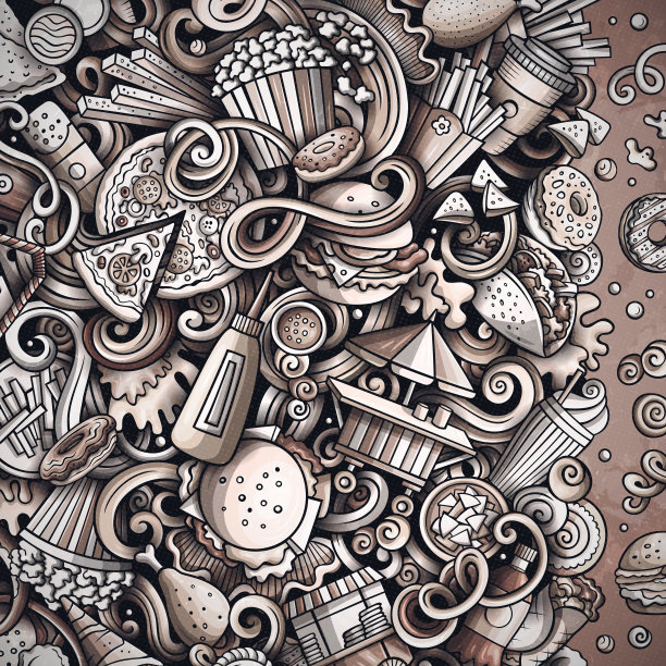 快餐手绘矢量涂鸦插画。快餐框卡设计。不健康的元素和物体卡通背景。图形有趣的边界。所有项目都是分开的图片下载