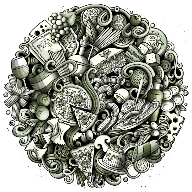 卡通矢量涂鸦意大利食物圆形插图图片下载