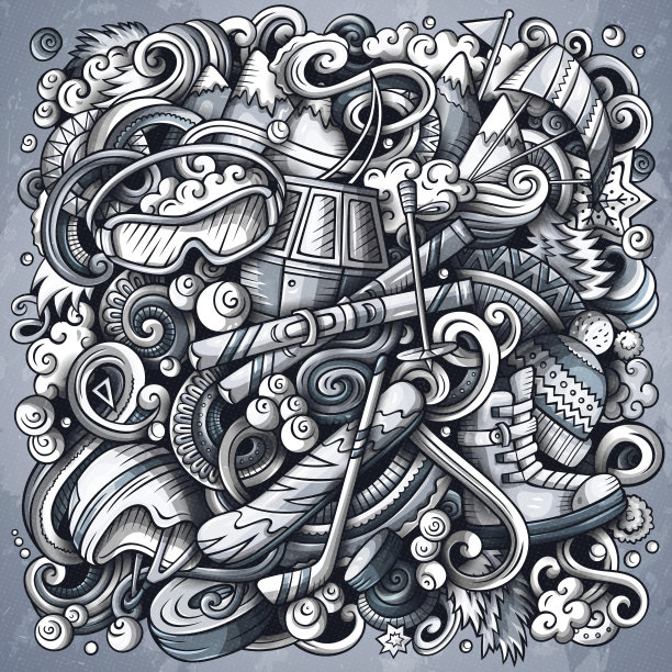 冬季运动手绘矢量涂鸦插图。滑雪胜地海报设计。寒冷季节户外活动的元素和对象卡通背景。单色有趣的图片图片下载